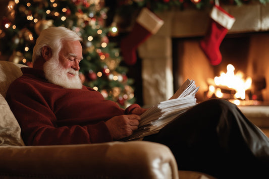 Santa reading handwritten letter by warm lamplight - cozy mystery storytelling experience