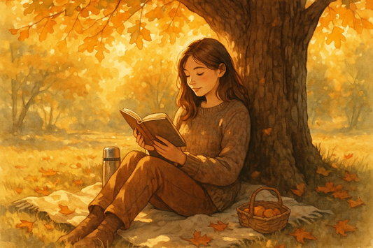 Girl under a tree in the fall enjoying a cozy mystery subscription service