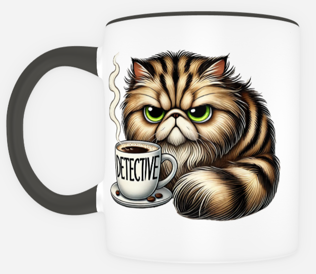Detective Tiger the house cat, Coffee Mug - Front | From The "Murder at Sugar & Spice Bakery" Cozy Mystery Serial Story