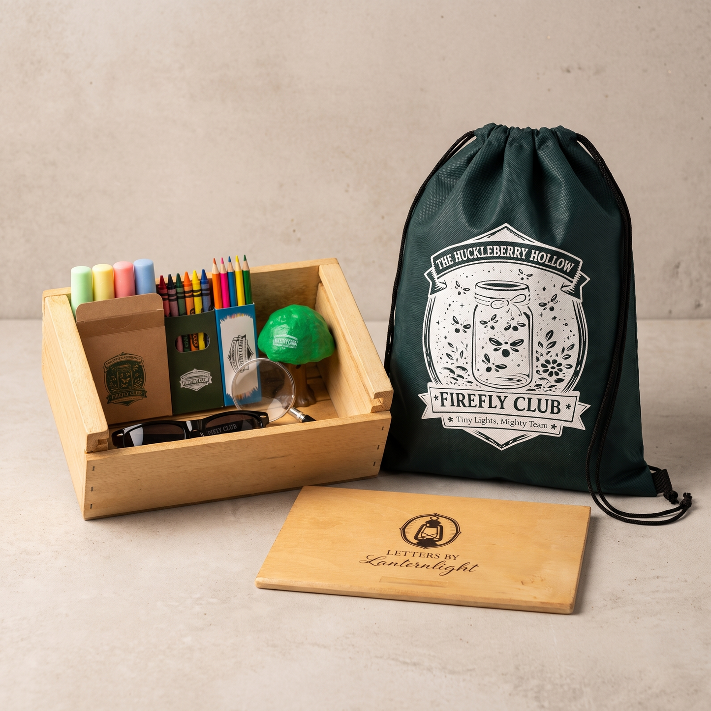 A wooden crate filled with chalk, crayons, colored pencils, a squishy, a magnifying glass, outdoor gear, a dark green drawstring bag printed with 'The Huckleberry Hollow Firefly Club' logo, and a wooden engraved plaque on a light stone surface.