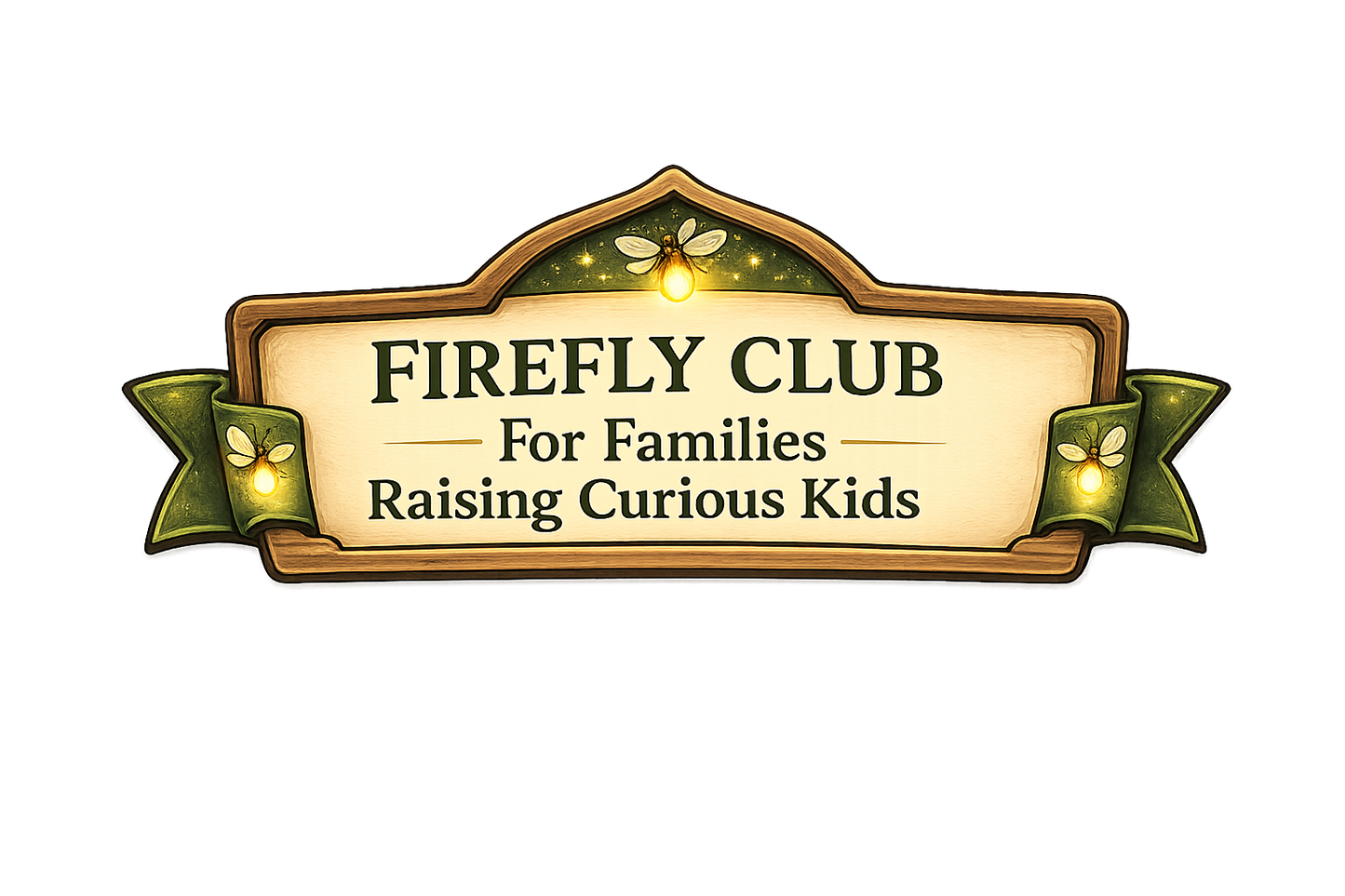 A decorative sign or plaque reading 'FIREFLY CLUB For Families Raising Curious Kids' on a white background.