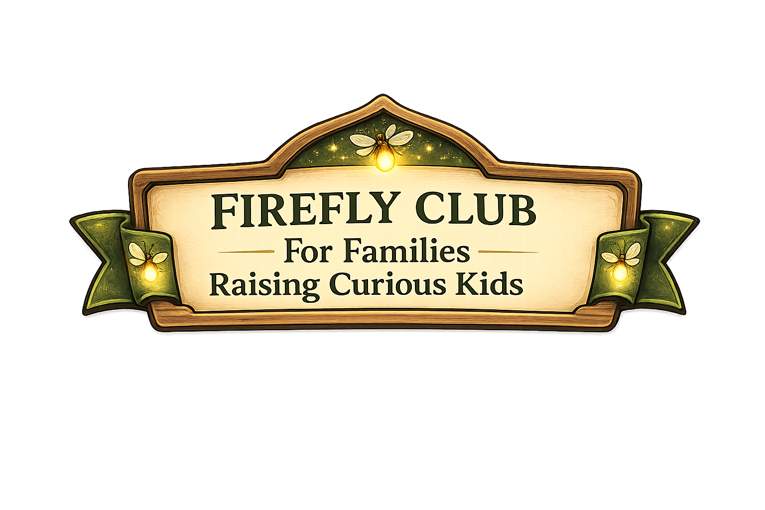 A decorative sign or plaque reading 'FIREFLY CLUB For Families Raising Curious Kids' on a white background.