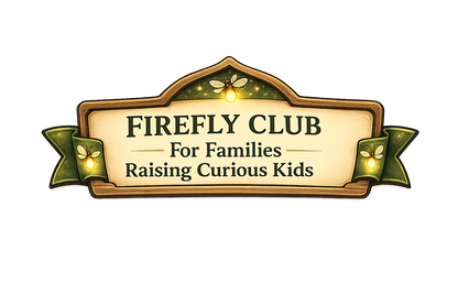 A decorative sign or plaque reading 'FIREFLY CLUB For Families Raising Curious Kids' on a white background.