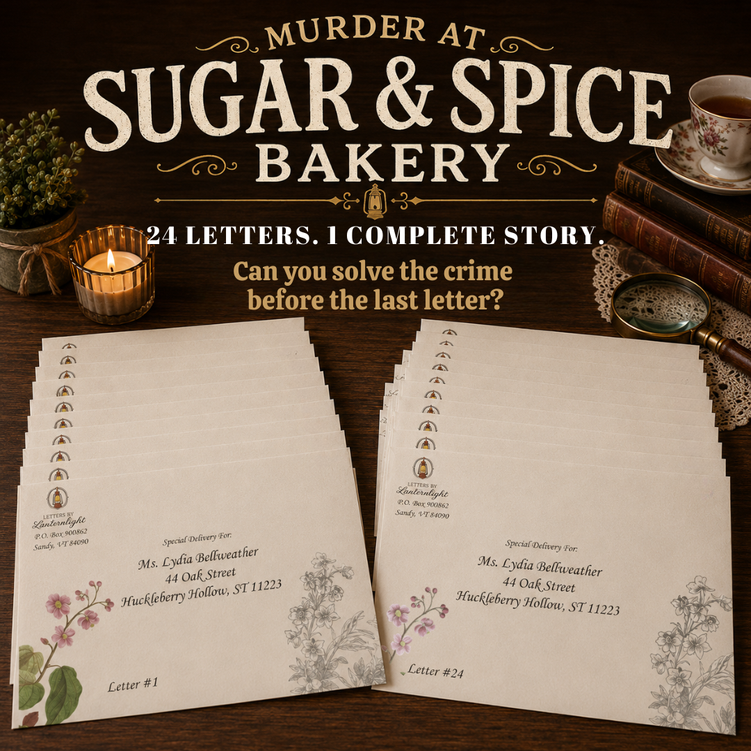 24 cozy mystery letters laid out - the complete Murder at Sugar & Spice Bakery Cozy Mystery