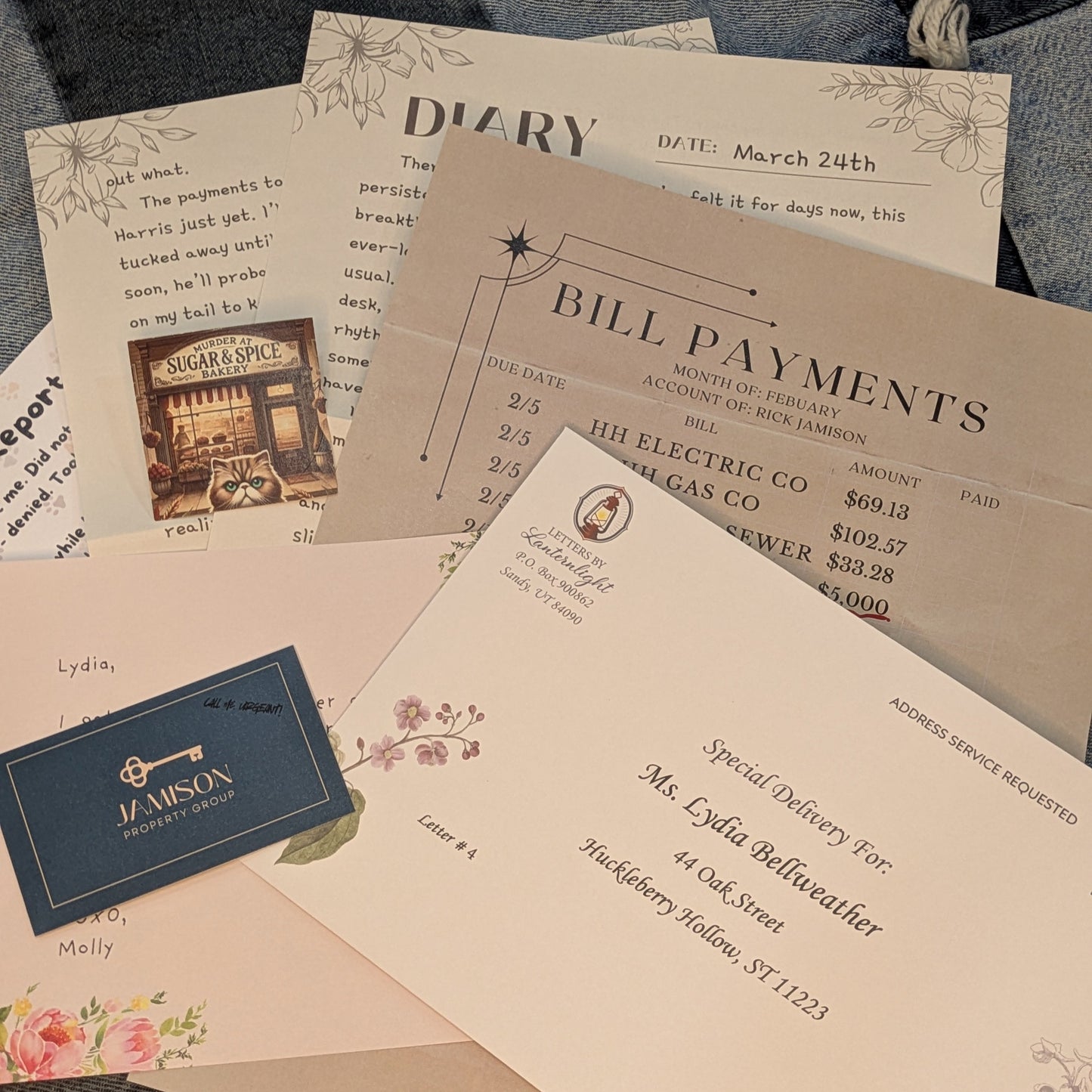 Letter 4 of the Cozy Mystery by mail open on a quilt