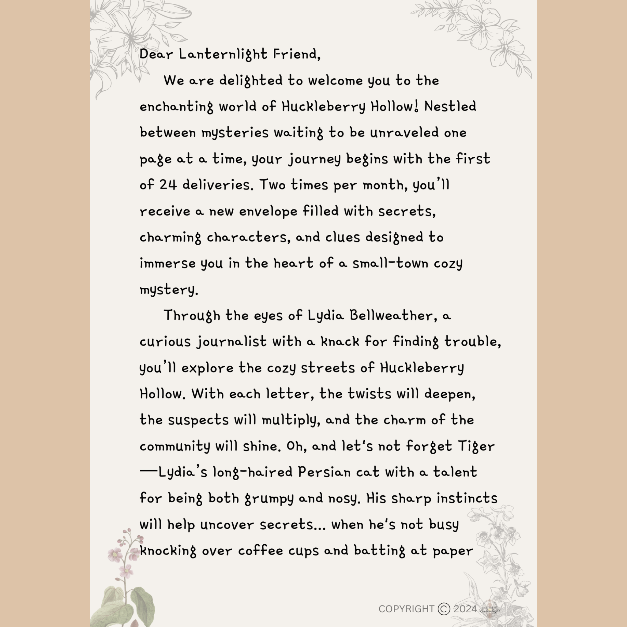 Text introduction to a mystery subscription service with floral decorations on a beige background