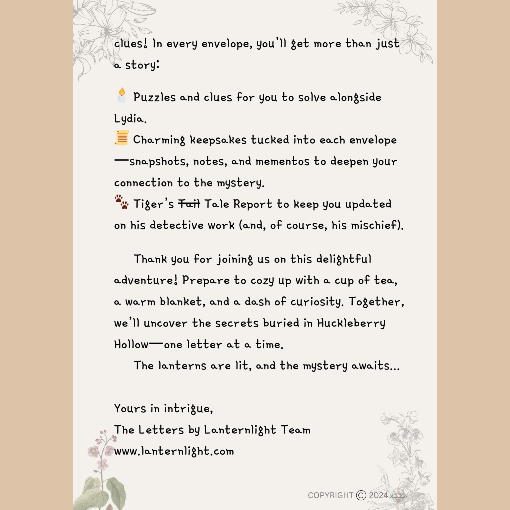 Promotional text for a mystery story with puzzles and clues, set against a beige background with floral elements.
