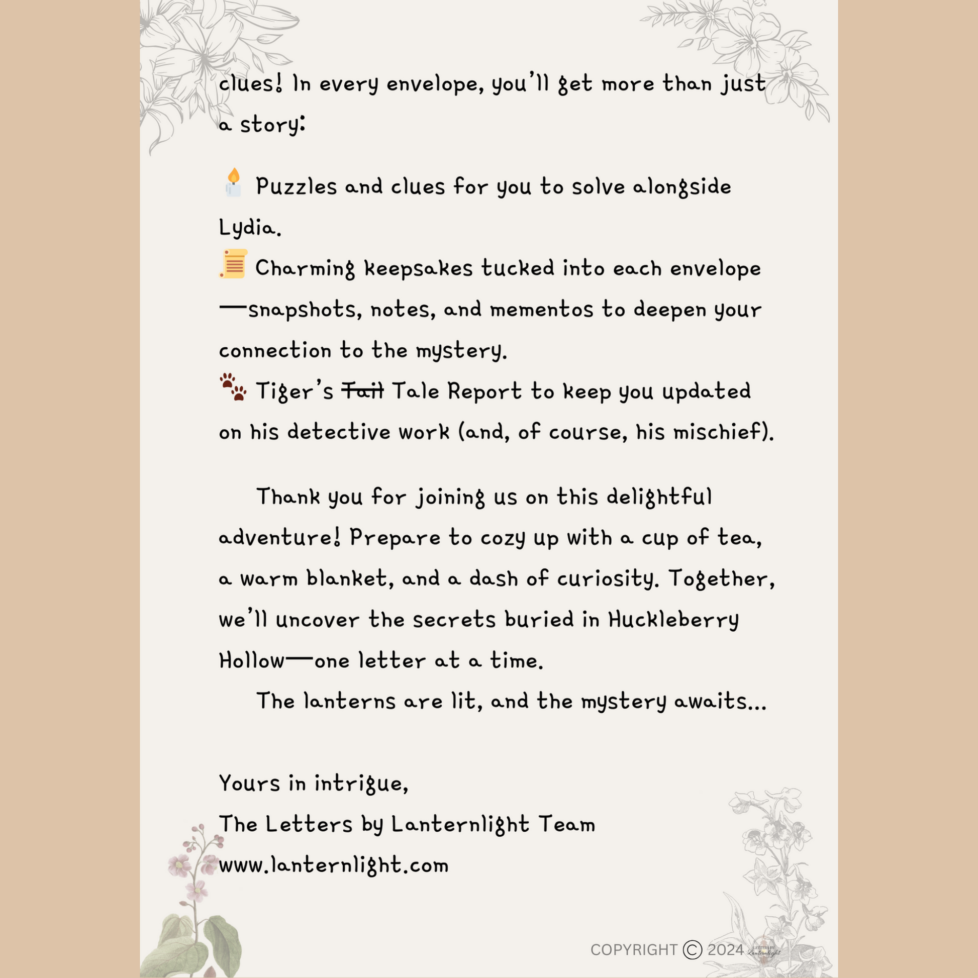 Promotional text for a mystery story with puzzles and clues, set against a beige background with floral elements.