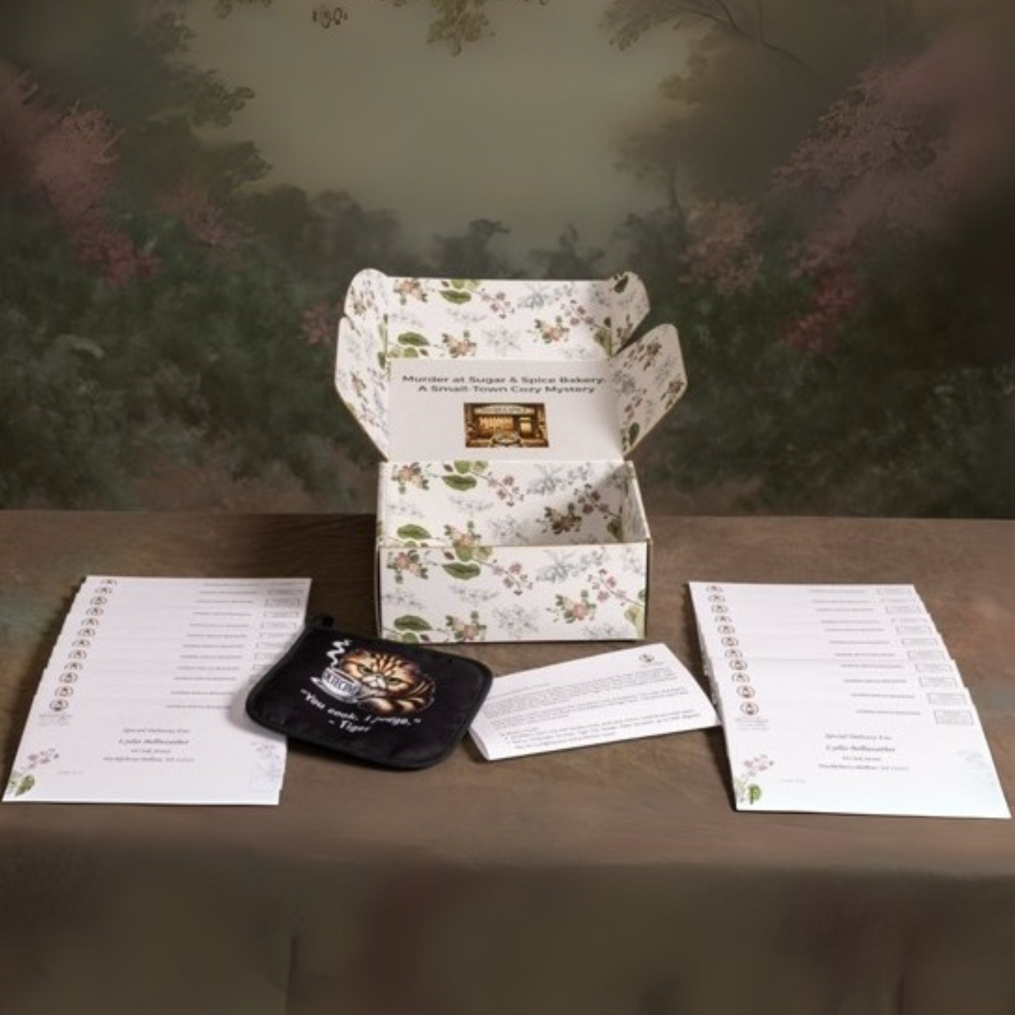 Murder at Sugar & Spice Bakery story box containing all 24 handwritten mystery letters and pot holder