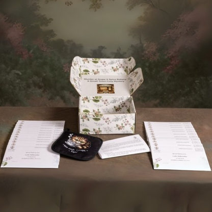 Murder at Sugar & Spice Bakery story box containing all 24 handwritten mystery letters and pot holder