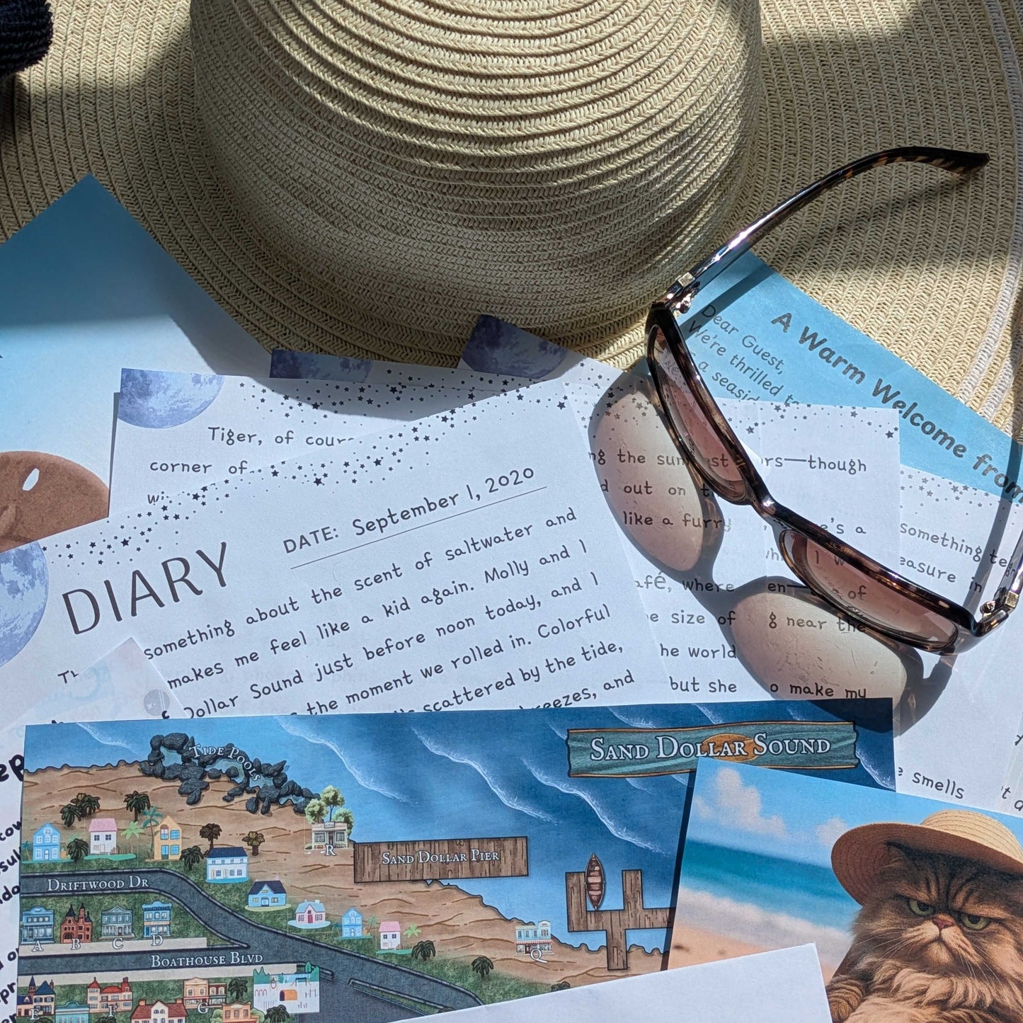 Letter 1 of The Vanishing Compass 12 month Cozy Mystery by mail (or 24 letters) laid out on a sun hat with the sunlight shining through translucent sunglasses
