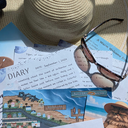 Letter 1 of The Vanishing Compass 12 month Cozy Mystery by mail (or 24 letters) laid out on a sun hat with the sunlight shining through translucent sunglasses