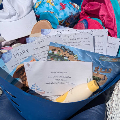 The first letter of the Vanishing Compass Cozy Mystery by mail fanned out in a beach basket with sunscreen bottle, floaties, and towels - all sitting on a wicker chair