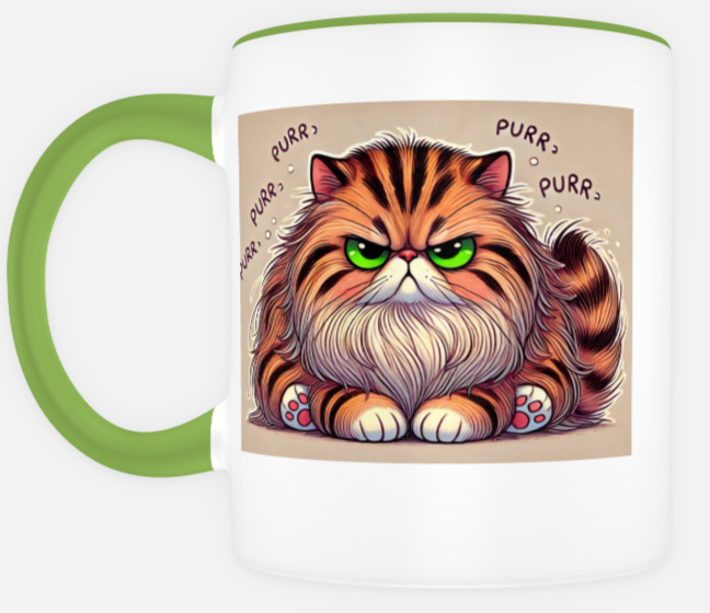 Tiger the house cat, Purr Coffee Mug - Front | From The "Murder at Sugar & Spice Bakery" Cozy Mystery Serial Story
