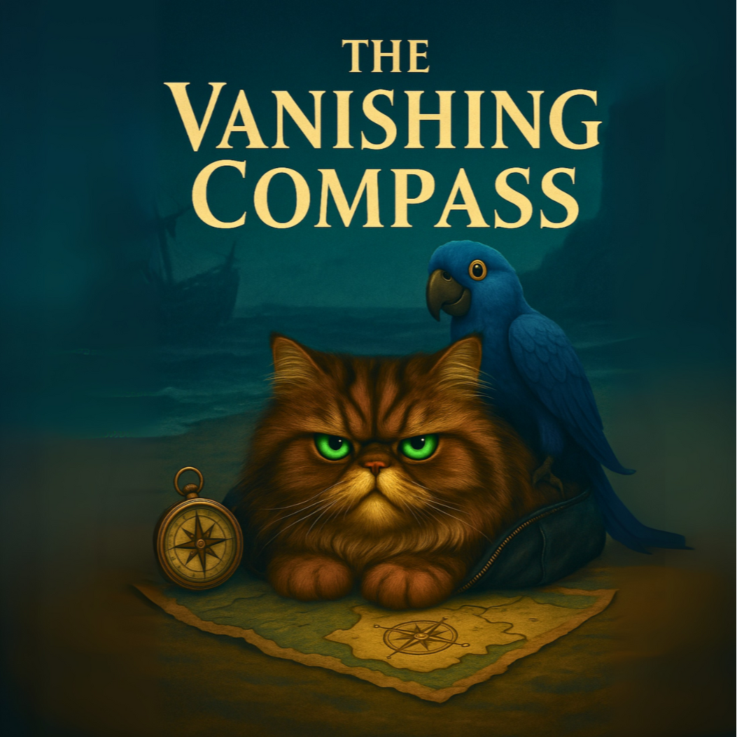 The Vanishing Compass 12-month cozy mystery subscription cover featuring compass and small town illustration